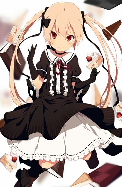Anime picture 653x1000 with original ogipote single long hair tall image looking at viewer blush blonde hair smile red eyes twintails lolita fashion goth-loli girl dress gloves ribbon (ribbons) hair ribbon black gloves food