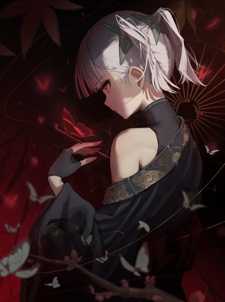 Anime picture 2526x3380 with original hidulume single tall image fringe highres short hair red eyes twintails silver hair upper body blunt bangs profile mole mole under eye short twintails girl gloves black gloves fingerless gloves