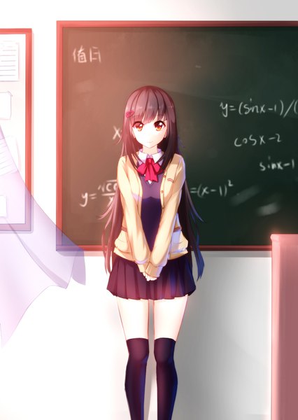 Anime picture 1240x1748 with original violet (eightonemini) single long hair tall image looking at viewer fringe black hair smile standing wind orange eyes classroom girl thighhighs uniform black thighhighs school uniform hairclip cardigan