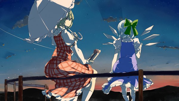 Anime picture 1920x1080 with touhou cirno kazami yuuka ansi (artist) looking at viewer highres short hair red eyes wide image sitting multiple girls blue hair sky looking back green hair from behind wallpaper plaid skirt morning sunrise