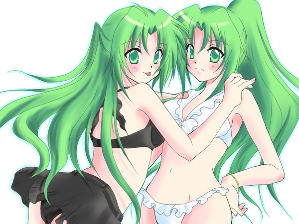 Anime picture 1024x768 with higurashi no naku koro ni studio deen sonozaki mion sonozaki shion long hair light erotic green eyes ass green hair siblings twins swimsuit bikini tongue black bikini yukihana24