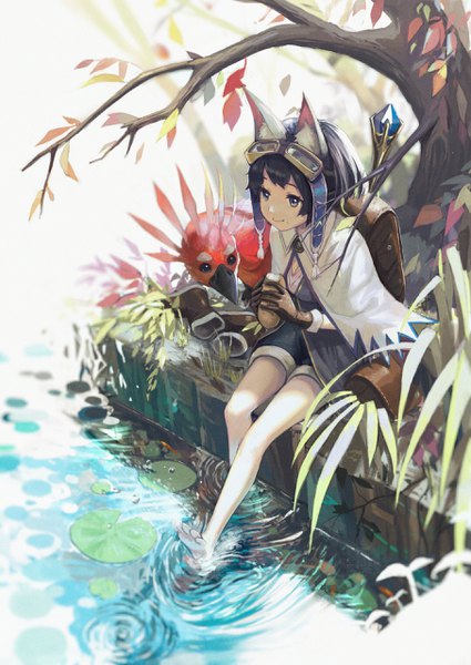 Anime picture 1812x2560 with original tsukun112 single tall image highres short hair blue eyes black hair sitting holding animal ears looking away full body bent knee (knees) barefoot light smile bare legs shadow eating goggles on head