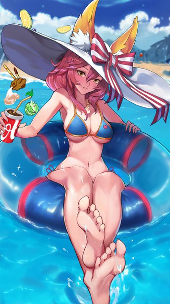 Anime picture 1688x3000 with fate (series) fate/grand order tamamo (fate) (all) tamamo no mae (swimsuit lancer) (fate) wuguno ziran juan single long hair tall image looking at viewer blush fringe breasts open mouth light erotic hair between eyes large breasts holding animal ears yellow eyes payot
