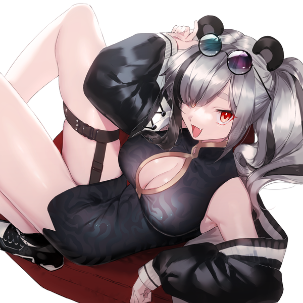 Anime picture 1637x1637 with arknights feater (arknights) ichibi single long hair fringe breasts open mouth light erotic simple background red eyes large breasts white background twintails animal ears silver hair traditional clothes :d multicolored hair hair over one eye