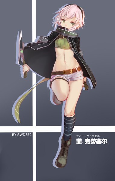 Anime picture 1240x1949 with swd3e2 single tall image looking at viewer short hair yellow eyes pink hair open clothes open jacket girl navel weapon socks jacket shorts boots goggles white shorts dagger striped socks