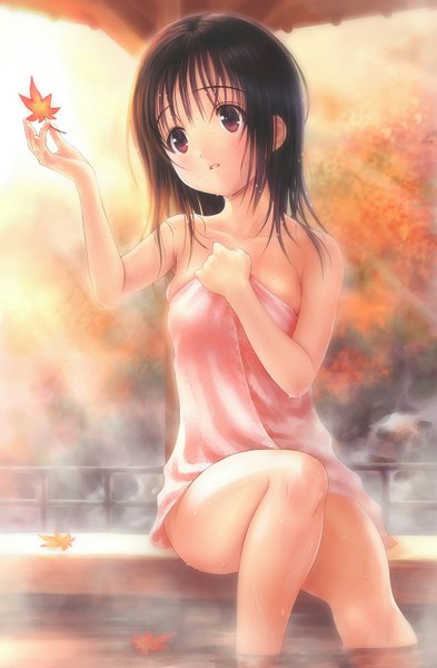 Anime picture 1000x1524 with original goto p single tall image short hair light erotic red eyes brown hair sitting naked towel girl leaf (leaves) towel onsen