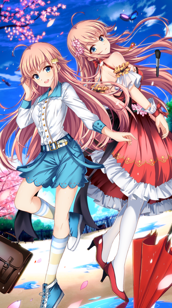 Anime picture 754x1347 with original jianren long hair tall image looking at viewer open mouth blue eyes bare shoulders multiple girls pink hair ahoge hair flower high heels cherry blossoms closed umbrella girl dress hair ornament flower (flowers) 2 girls