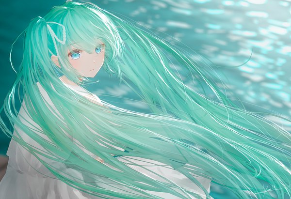 Anime picture 2659x1821 with vocaloid hatsune miku ojay tkym single fringe highres blue eyes hair between eyes twintails signed looking away very long hair wind aqua hair girl dress ribbon (ribbons) hair ribbon water