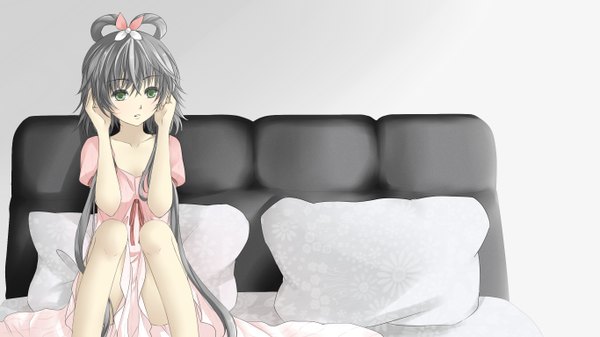 Anime picture 2732x1536 with vocaloid vocaloid china luo tianyi yanyan (artist) single long hair highres open mouth wide image green eyes silver hair grey hair girl hair ornament pillow bed