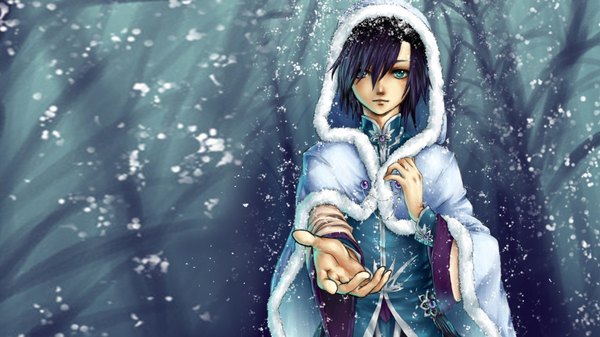 Anime picture 1920x1080 with original kiwi-san single highres short hair wide image outstretched arm snowing winter boy plant (plants) tree (trees) hood cloak winter clothes
