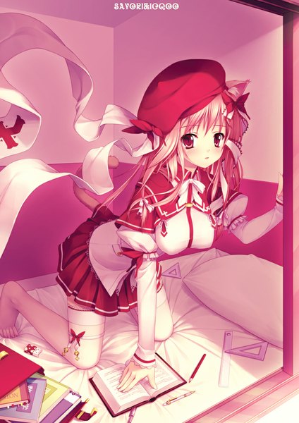 Anime picture 707x1000 with original sayori icqoo single long hair tall image looking at viewer blush red eyes animal ears pink hair tail animal tail cat ears cat girl cat tail girl thighhighs dress bow