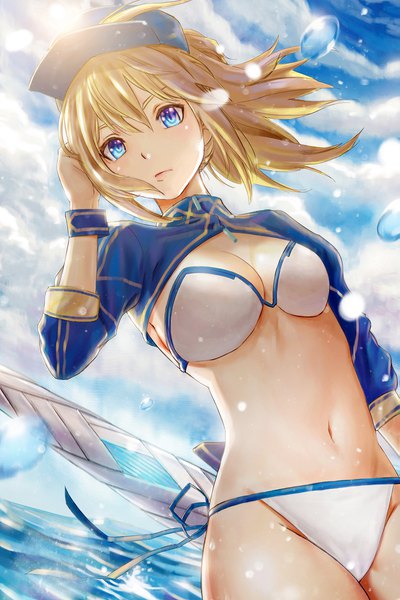 Anime picture 1367x2048 with fate (series) fate/grand order artoria pendragon (all) mysterious heroine xx (foreigner) nasu (luliice) single long hair tall image looking at viewer fringe blue eyes light erotic blonde hair hair between eyes payot sky cleavage cloud (clouds) ahoge outdoors