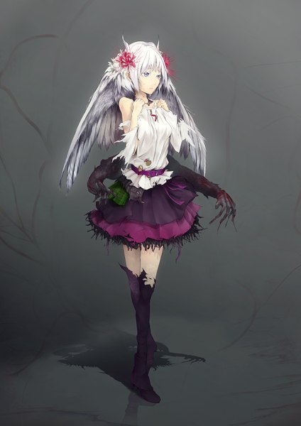 Anime picture 1131x1600 with original sau single long hair tall image standing purple eyes bare shoulders looking away white hair shadow torn clothes abstract girl skirt bow hair bow blood hand