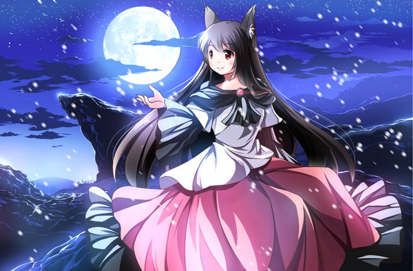 Anime picture 1910x1254 with touhou imaizumi kagerou risutaru single long hair blush fringe highres black hair smile red eyes sitting animal ears looking away cloud (clouds) outdoors night night sky outstretched arm wolf ears