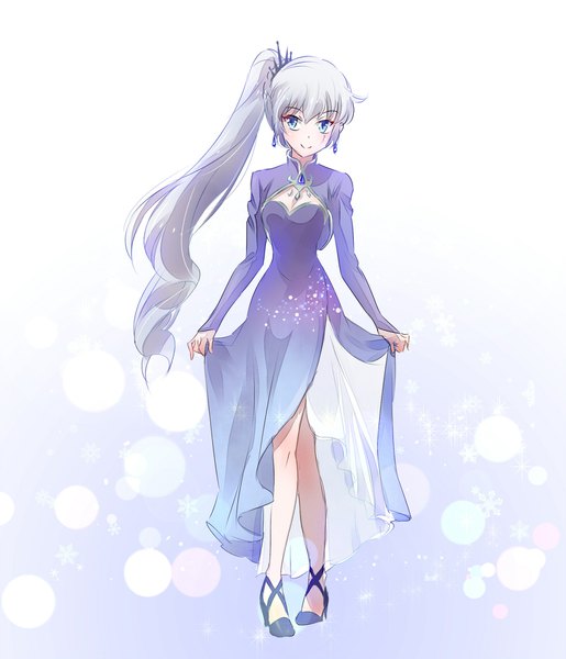 Anime picture 1600x1866 with rwby rooster teeth weiss schnee iesupa single long hair tall image looking at viewer fringe blue eyes smile standing silver hair full body long sleeves high heels gradient background side ponytail scar adapted costume