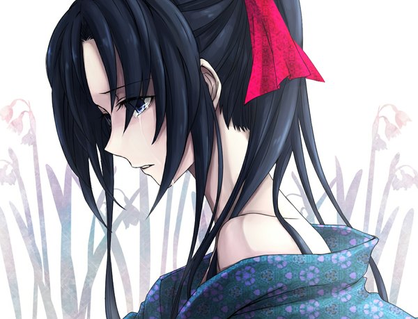 Anime picture 1166x893 with rurouni kenshin kamiya kaoru mare (artist) single long hair blue eyes black hair bare shoulders ponytail japanese clothes profile off shoulder tears crying girl hair ornament bow hair bow