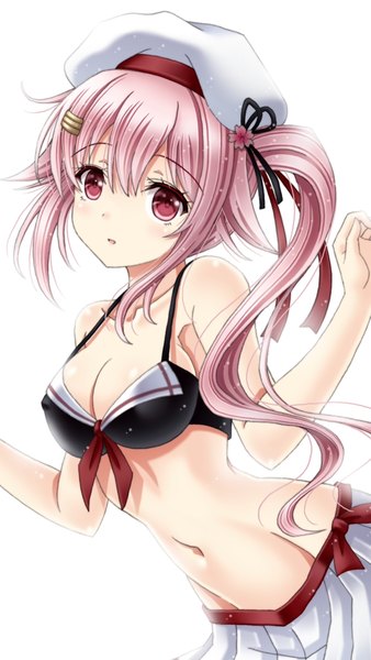 Anime picture 640x1136 with kantai collection harusame destroyer amou yuu single tall image fringe breasts light erotic simple background hair between eyes white background pink hair upper body pink eyes side ponytail girl navel swimsuit bikini hairclip