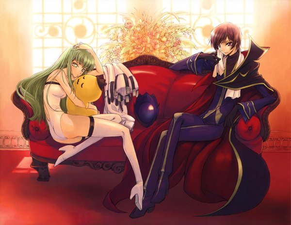 Anime picture 2000x1549 with code geass sunrise (studio) c.c. lelouch lamperouge cheese-kun fringe highres light erotic black hair sitting purple eyes yellow eyes payot bent knee (knees) green hair girl boy hat mask