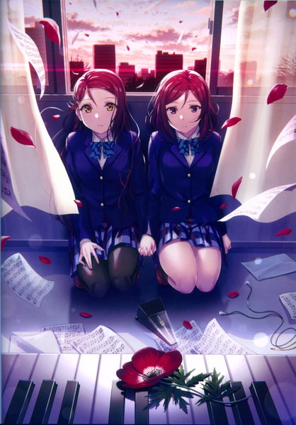 Anime picture 4234x6074 with love live! school idol project love live! sunshine!! sunrise (studio) love live! nishikino maki sakurauchi riko kichiroku long hair tall image looking at viewer blush fringe highres short hair hair between eyes purple eyes multiple girls yellow eyes absurdres red hair