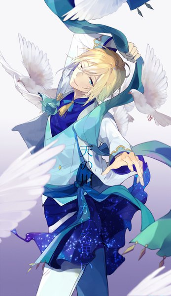 Anime picture 800x1382 with ensemble stars! tenshouin eichi suzume (pixiv968769) single tall image looking at viewer short hair blue eyes simple background blonde hair ahoge head tilt one eye closed arm up gradient background outstretched arm boy animal scarf bird (birds)