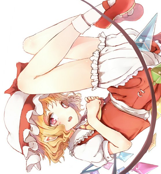 Anime picture 760x819 with touhou flandre scarlet flan (harry mackenzie) single tall image blush short hair open mouth light erotic blonde hair simple background red eyes white background pointy ears upside down asymmetrical wings girl skirt wings socks