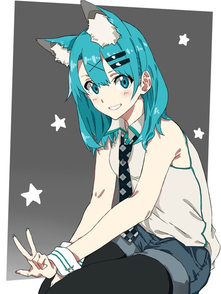 Anime picture 1944x2592 with original eir (machi) machi (wm) single long hair tall image looking at viewer blush fringe highres open mouth simple background smile hair between eyes bare shoulders animal ears nail polish aqua eyes fingernails aqua hair
