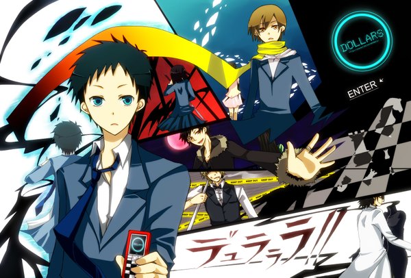 Anime picture 1744x1181 with durarara!! brains base (studio) orihara izaya heiwajima shizuo sonohara anri kida masaomi ryuugamine mikado celty sturluson kishitani shinra yaun highres blue eyes black hair blonde hair yellow eyes from behind back group checkered boy