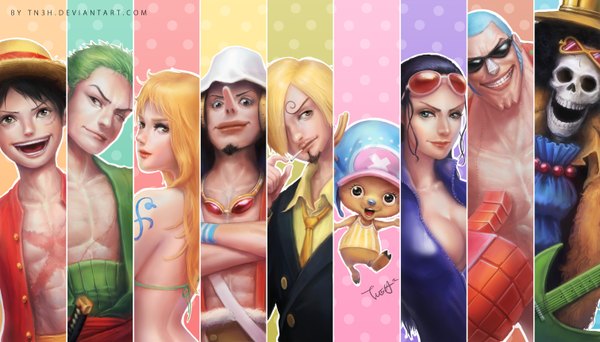 Anime picture 3024x1728 with one piece toei animation nami (one piece) monkey d. luffy nico robin roronoa zoro sanji tony tony chopper usopp franky brook (one piece) tn3h long hair highres short hair breasts open mouth blue eyes light erotic black hair