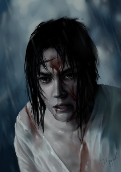 Anime picture 2480x3507 with naruto studio pierrot naruto (series) uchiha sasuke olggah single tall image highres short hair open mouth black hair simple background signed black eyes realistic teeth wet rain wet clothes boy