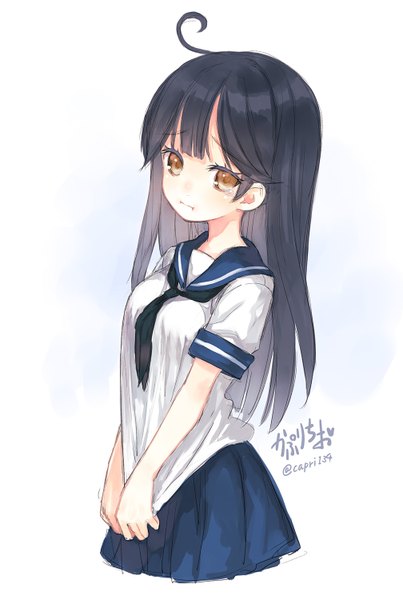 Anime picture 1008x1500 with kantai collection ushio destroyer capriccio single long hair tall image looking at viewer blush fringe black hair simple background white background brown eyes signed ahoge :t girl uniform serafuku teardrop