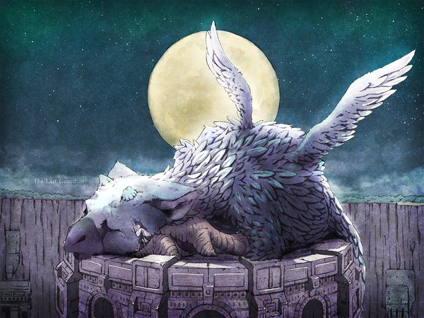 Anime picture 1600x1200 with the last guardian trico (the last guardian) satyuas single long hair black hair eyes closed night copyright name night sky sleeping girl moon star (stars) full moon monster