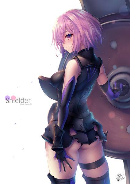 Anime-Bild 820x1160 mit fate (series) fate/grand order mash kyrielight fukai ryosuke single tall image looking at viewer blush fringe short hair breasts light erotic simple background smile large breasts standing white background purple eyes bare shoulders holding