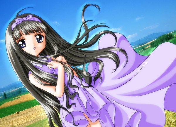 Anime picture 1755x1275 with card captor sakura clamp daidouji tomoyo single long hair looking at viewer fringe highres open mouth black hair standing purple eyes sky ahoge outdoors blunt bangs :d wind dutch angle girl
