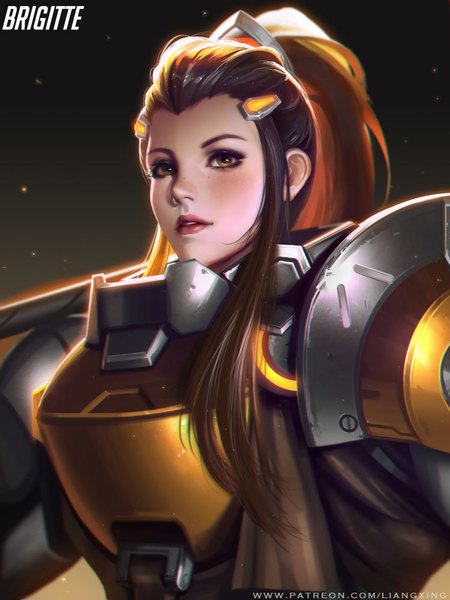 Anime picture 3000x4000 with overwatch blizzard entertainment brigitte (overwatch) liang xing single long hair tall image looking at viewer highres simple background brown hair brown eyes signed payot upper body ponytail parted lips lips realistic character names