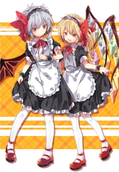 Anime picture 840x1212 with touhou flandre scarlet remilia scarlet miya (tsumazukanai) long hair tall image short hair open mouth blonde hair red eyes multiple girls looking away maid alternate costume one side up siblings sisters girl bow 2 girls