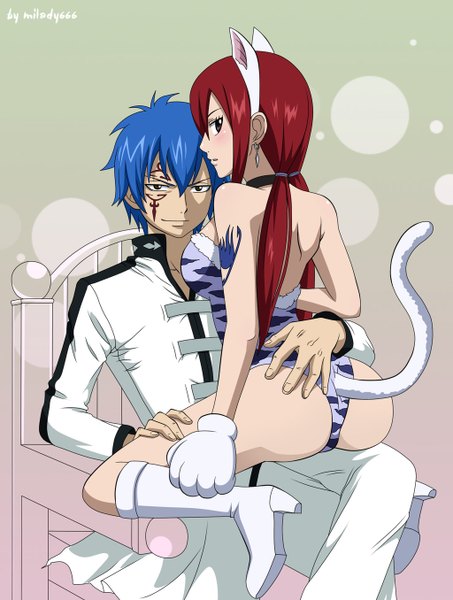 Anime picture 1024x1356 with fairy tail erza scarlet jellal fernandes milady666 long hair tall image blush short hair light erotic smile bare shoulders brown eyes animal ears blue hair red hair profile looking back cat ears cat girl cat tail