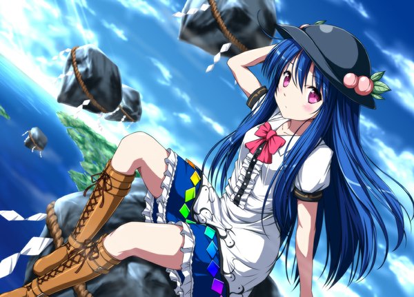 Anime picture 1104x794 with touhou hinanawi tenshi nori tamago long hair blush purple eyes blue hair sky cloud (clouds) girl dress hat boots