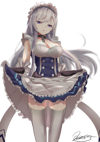 Anime picture 1240x1754 with azur lane belfast (azur lane) kesoshirou single long hair tall image looking at viewer fringe breasts open mouth blue eyes simple background hair between eyes standing white background signed cleavage blurry maid dress lift