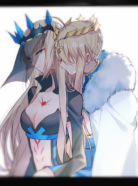 Anime picture 617x830 with fate (series) fate/grand order artoria pendragon (all) artoria pendragon (lancer) morgan le fay (fate) yorukun long hair tall image looking at viewer breasts light erotic simple background blonde hair white background multiple girls green eyes cleavage profile fur trim letterboxed