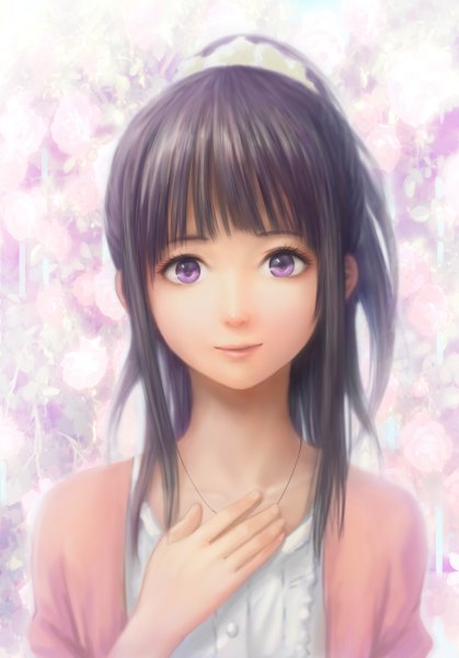 Аниме картинка 838x1200 с хьёка kyoto animation читанда эру zhenlin один (одна) длинные волосы высокое изображение смотрит на зрителя чёрные волосы фиолетовые глаза верхняя часть тела причёска конский хвост девушка