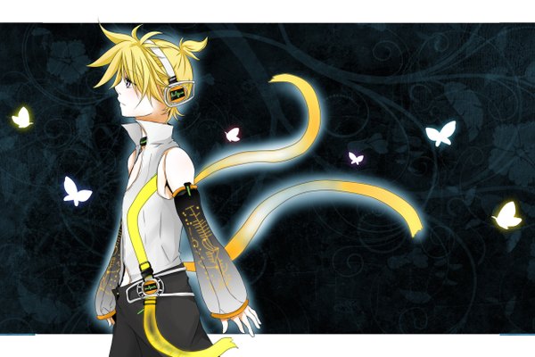 Anime picture 1247x832 with vocaloid kagamine len mikuron single blue eyes blonde hair twintails bare shoulders profile open collar boy ribbon (ribbons) detached sleeves headphones insect butterfly collar