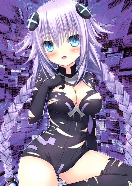 Anime picture 1433x2023 with choujigen game neptune purple heart nyarumi single long hair tall image looking at viewer blush breasts open mouth blue eyes light erotic purple hair braid (braids) girl