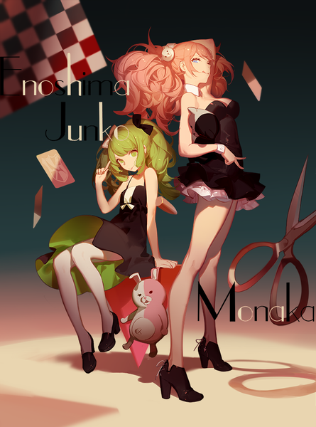 Anime picture 742x1000 with dangan ronpa enoshima junko monokuma towa monaka monaka (danganronpa) ask (askzy) long hair tall image blue eyes bare shoulders multiple girls green eyes pink hair green hair girl dress bow 2 girls hair bow black dress