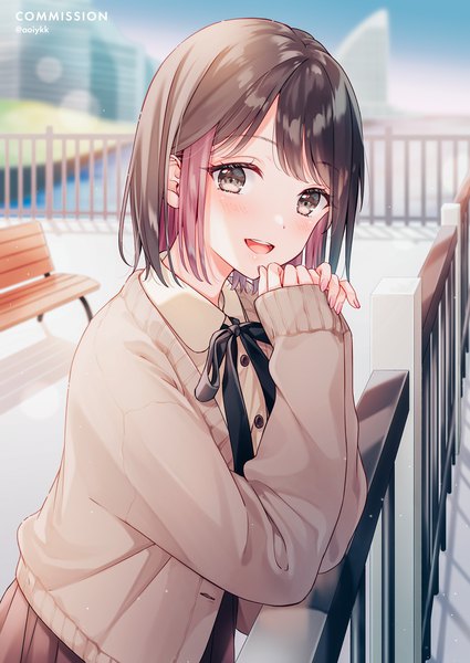 Anime-Bild 1000x1412 mit original aoi yuki single tall image looking at viewer fringe short hair open mouth smile brown hair standing brown eyes signed sky outdoors blunt bangs long sleeves :d multicolored hair fingernails