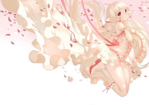 Anime picture 1200x849 with chobits clamp chii joseph lee single long hair looking at viewer blush blonde hair bare shoulders brown eyes animal ears legs girl dress ribbon (ribbons) petals boots