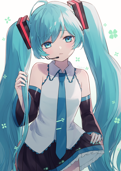 Anime picture 1414x2000 with vocaloid hatsune miku ashika (yftcc948) single tall image looking at viewer fringe hair between eyes standing white background twintails ahoge very long hair head tilt aqua eyes aqua hair playing with hair girl detached sleeves necktie