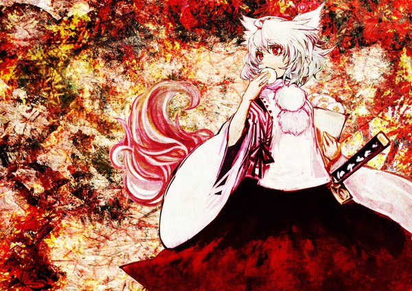 Anime picture 2188x1547 with touhou inubashiri momiji akasia single highres short hair red eyes animal ears tail japanese clothes wallpaper eating wolf ears wolf tail wolf girl girl sword food katana