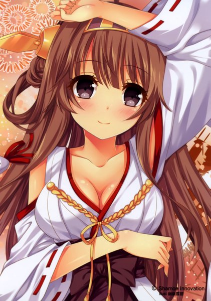 Anime picture 2235x3186 with kantai collection kongou battleship shirokitsune single long hair tall image looking at viewer blush fringe highres breasts brown hair large breasts purple eyes bare shoulders cleavage upper body ahoge traditional clothes japanese clothes