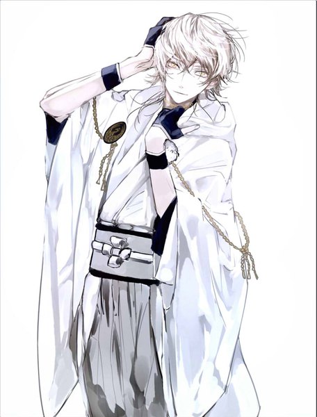 Anime picture 760x1000 with touken ranbu nitroplus tsurumaru kuninaga hogi single tall image looking at viewer short hair simple background standing white background yellow eyes white hair traditional clothes japanese clothes hand on head boy gloves black gloves partly fingerless gloves