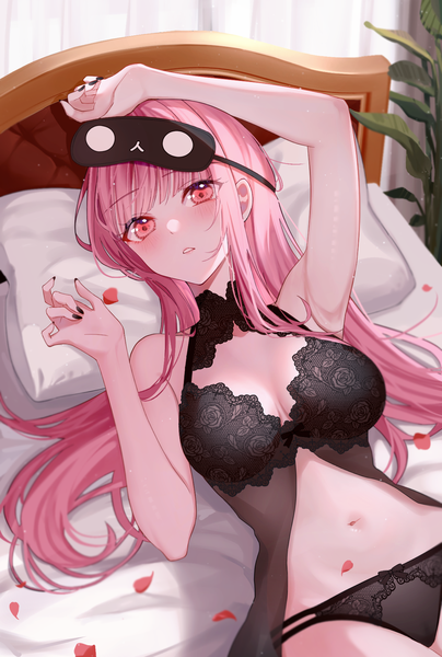 Anime picture 1200x1782 with virtual youtuber hololive hololive english mori calliope mori calliope (6th costume) shirase rin single long hair tall image blush fringe breasts light erotic large breasts looking away pink hair indoors lying blunt bangs nail polish